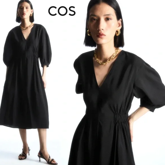 COS Black Midi V-Neck A-Line Dress Black Size 4 Modest Minimalist Elastic Waist - Picture 2 of 16